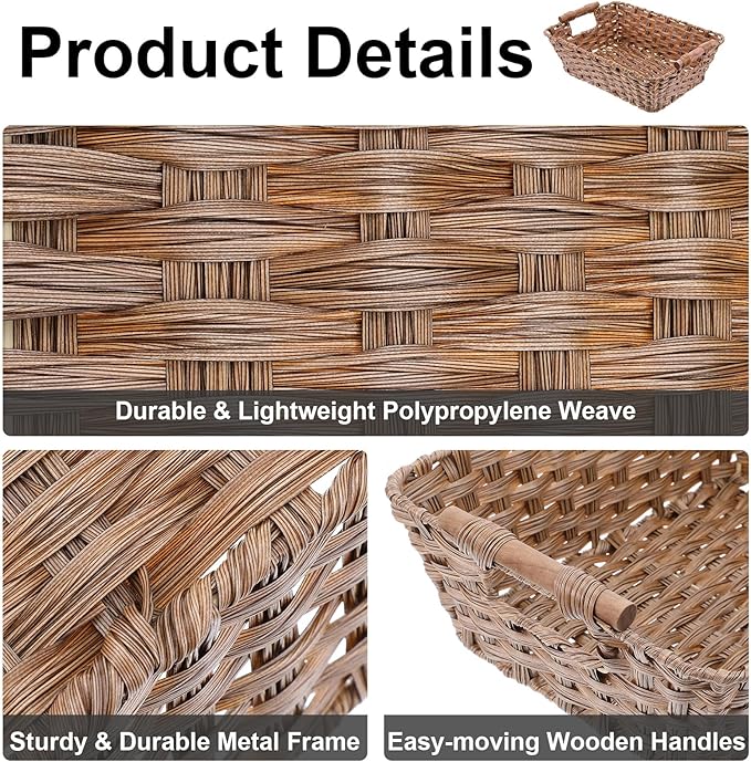 2-Pack Waterproof Wicker Storage Baskets with Handles – Hand-Woven Polypropylene Storage Bins for Pantry, Kitchen, Bathroom (15”L x 10.6”W x 5.1”H, Brown)