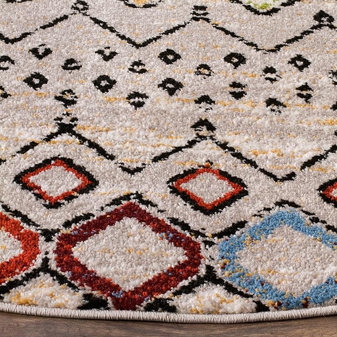 SAFAVIEH Amsterdam Collection 3' Round Light Grey/Multi AMS108G Moroccan Boho Non-Shedding Dining Room Entryway Foyer Living Room Bedroom Area Rug