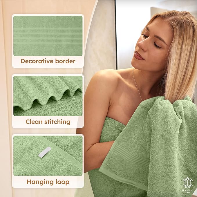 Luxe Set – Washcloths (30 x 30cm), Hand Towels (40 x 70cm) & Bath Towels (65 x 137 cm) – 100% Cotton, Soft, Absorbent, Easy Care, Versatile, (Sage Green)