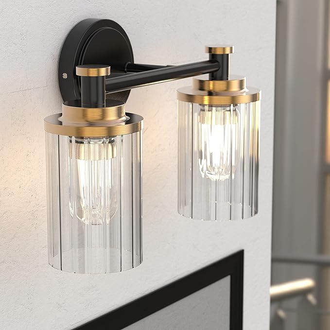 Bathroom Lighting Fixtures Black and Gold Bathroom Vanity Light with Cylindrical Clear Stripes Glass Lampshade E26 Socket Base Bathroom Lighting Fixtures Over Mirror (2 Lights)