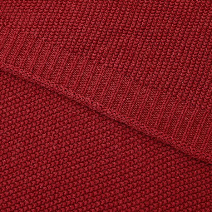 Longhui bedding Burgundy Cotton Cable Knit Throw Blanket for Couch Sofa Chair Bed Home Decorative, 2.5 Pounds 50 x 60 Inch Woven Throw Blankets with Bonus Laundering Bag