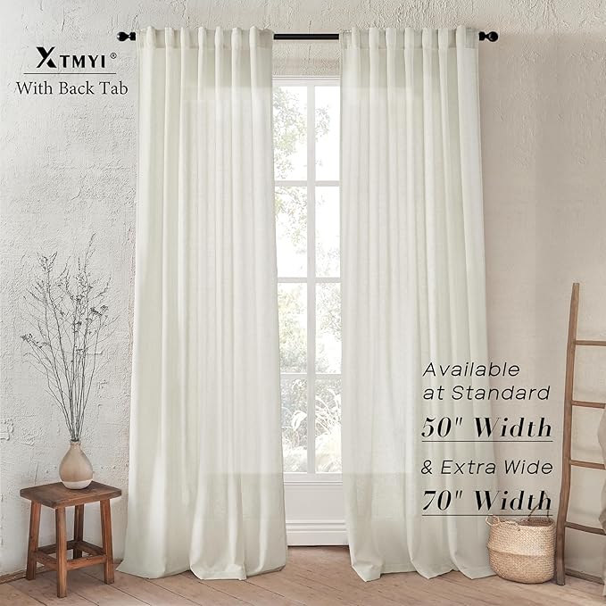 XTMYI Linen Drapery 92 Inch Curtains Length 2 Panels Set Back Tab Sheer Window Curtains Living Room Bedroom,50x92 in Long,Cream(Ivory/Off White)