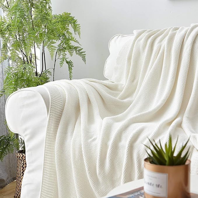 Longhui bedding 100% Cotton Ivory White Lightweight Cable Knit Throw Blanket for Couch Sofa Bed Home Décor – 50“ x 60”, Bonus Laundering Bag, Machine Washable