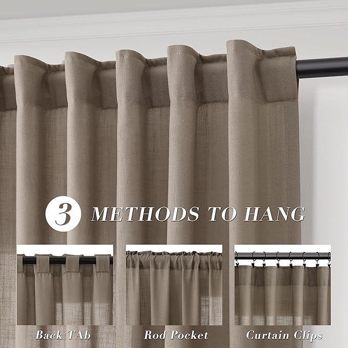 Joywell Dark Camel Back Tab Rod Pocket Linen Curtains 96 Inches Long 2 Panels for Living Room Bedroom Neutral Boho Farmhouse Rustic Light Filtering Semi Sheer Curtains Window Treatment 52x96