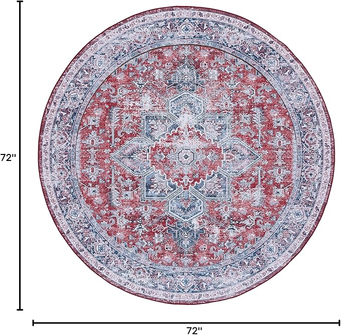 SAFAVIEH Washable Rug Tucson Collection - 6' Round, Red & Navy, Slip Resistant & Easy to Clean, Ideal for Living Room, Bedroom, Dining Space (TSN101S)