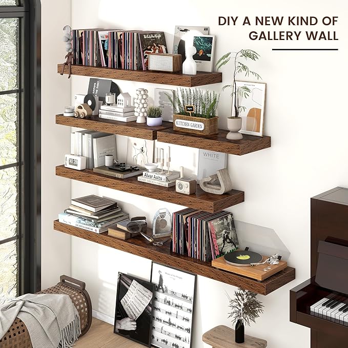 Floating Shelves for Wall, 72 Inch Wide x 12 Inch Deep Floating Shelves, Long Wood Floating Wall Shelf Shelves for Living Room Bathroom Bedroom Kitchen Home - (Brown, 72" W x 12" D x 2" H)