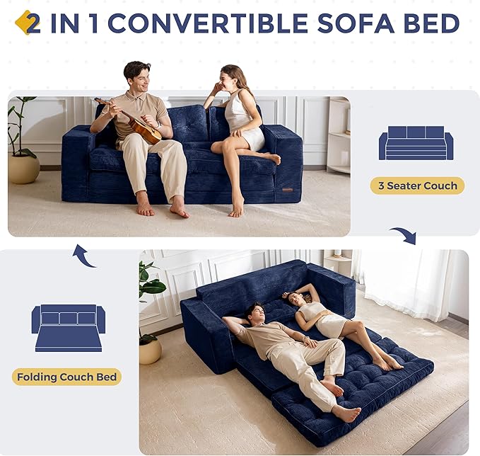MAXYOYO Convertible Sofa Bed, Pull Out 3 Seater Sleeper Sofa, 2 in 1 Folding Couch Bed, Fold Out Floor Couch with Pillows for Living Room Bedroom Lounge, Navy