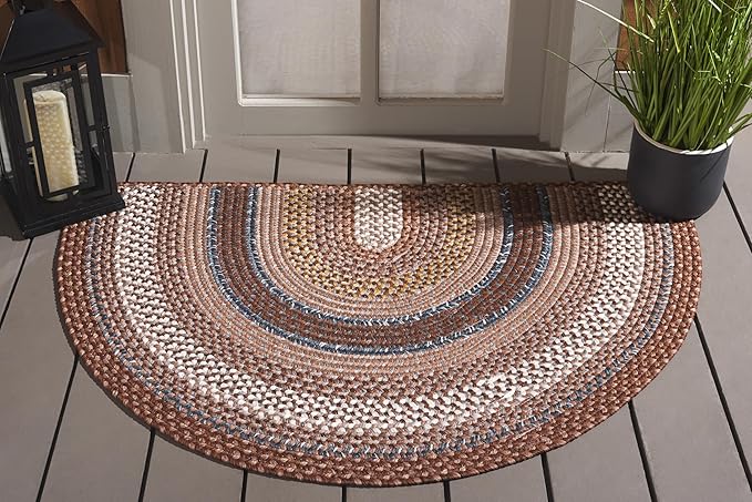 SAFAVIEH Washable Rug Outdoor Braided Collection - 2'6" x 4' Half Moon Shape, Brown & Multi, Handmade & Reversible, Non-Shedding & Easy to Clean, Entryway, Front Door, Kitchen, Mudroom (BRD313A)