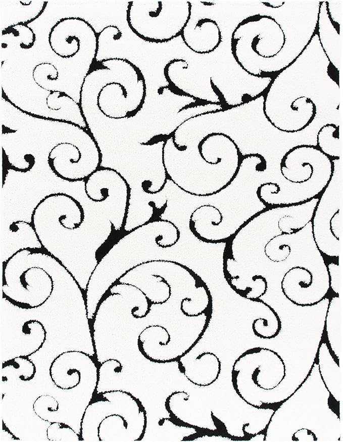 SAFAVIEH Florida Shag Collection Area Rug - 8' x 10', Ivory & Black, Scroll Design, Non-Shedding & Easy to Clean, High-Low Plush Pile, Ideal for Living Room, Bedroom, Dining Space (SG455-1290)