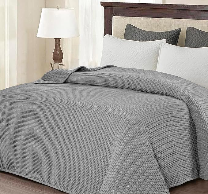 Bed & Bath Home Premium 100% Cotton Waffle Weave Blanket Queen Size – Soft Breathable Lightweight Comfort, Natural All-Season Bed Blanket, Easy-Care Bedspread for Bed & Couch (Light Grey)