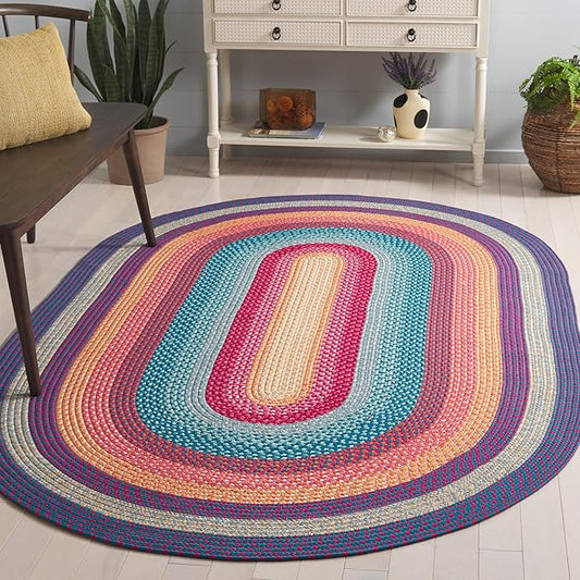 SAFAVIEH Washable Rug Outdoor Braided Collection - 5' x 8' Oval, Red & Orange, Handmade & Reversible, Non-Shedding & Easy to Clean, Ideal for Patio, Backyard, Mudroom (BRD308Q)