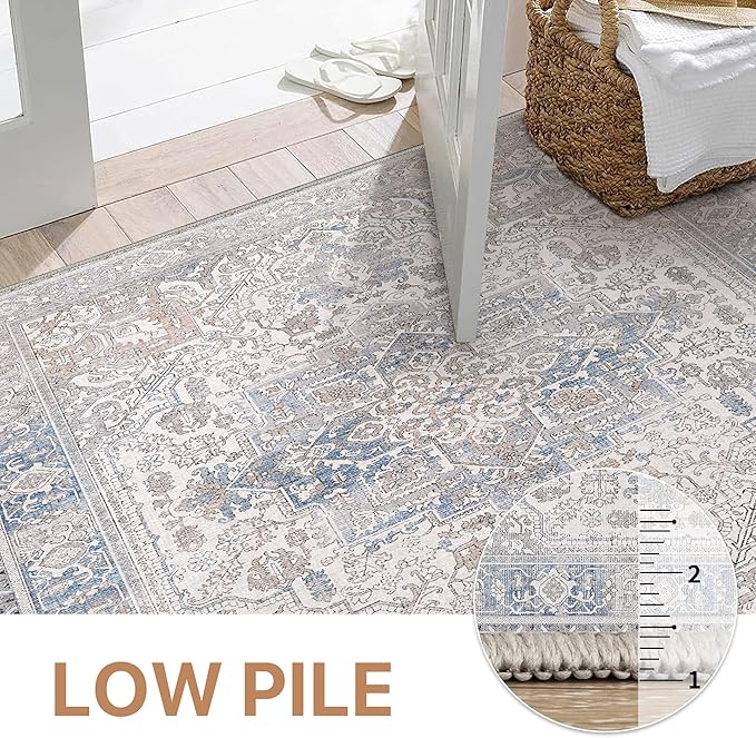 GENIMO 5x7 Area Rugs for Living Room, Machine Washable Rugs, Low Pile Non Slip Rug for Bedroom, Dining Room, Home Office, Khaki Blue
