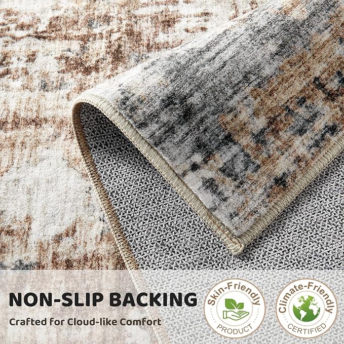 Area Rug Living Room Rugs - 10x13 Washable Large Soft Indoor Neutral Modern Abstract Low Pile Rug Carpet for Bedroom Dining Room Farmhouse Home Office - Grey Brown