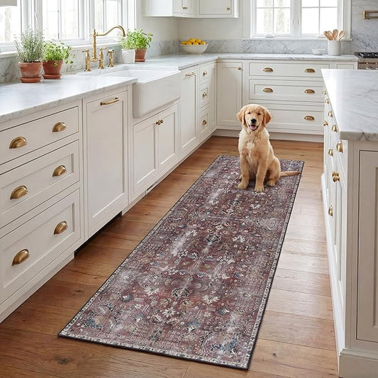 SAFAVIEH Washable Rug Tucson Collection - 2'6' x 8' Runner, Red & Beige, Slip Resistant & Easy to Clean, Ideal for Hallway, Foyer, Entryway, Bedroom (TSN174Q)