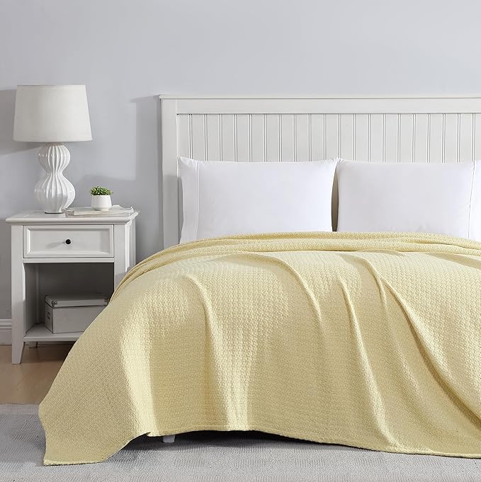 Beatrice Home Fashions Grand Hotel Lightweight All-Natural 100% Cotton Waffle Weave Blanket, King, Lemon