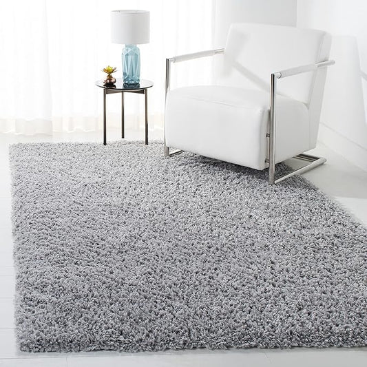 SAFAVIEH August Shag Collection Area Rug - 4' Square, Silver, Solid Design, Non-Shedding & Easy Care, 1.5-inch Thick Ideal for High Traffic Areas in Living Room, Bedroom (AUG200G)