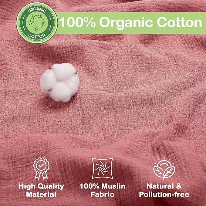 100% Organic Cotton Muslin Baby Blanket 3 Pack - Breathable Swaddle, Hypoallergenic Double-Layer, Versatile Use (Pink, Floral, Rust, 38x40 Inch)