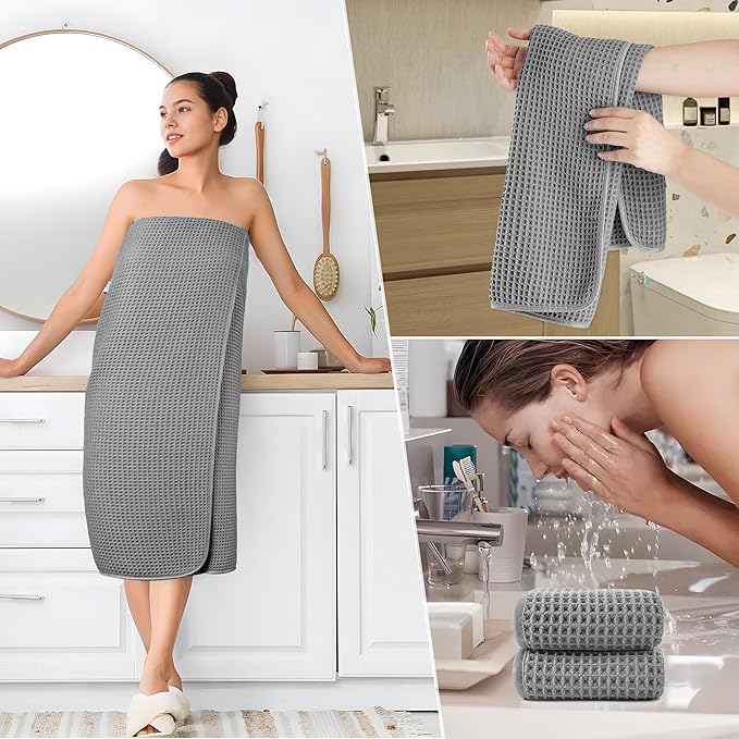 430 GSM Microfiber Quick Dry Lint Free Oversize Bath Towel Set, 6 Piece (Waffle Weave)