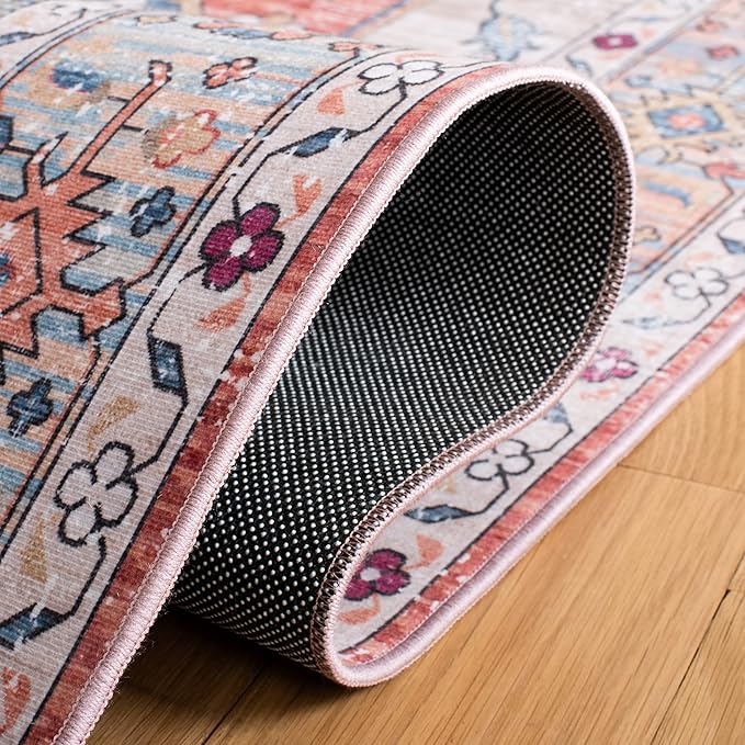 SAFAVIEH Washable Rug Tucson Collection - 3' x 5', Beige & Blue, Slip Resistant & Easy to Clean, Ideal for Foyer, Entryway, Kitchen, Bedroom (TSN109B)