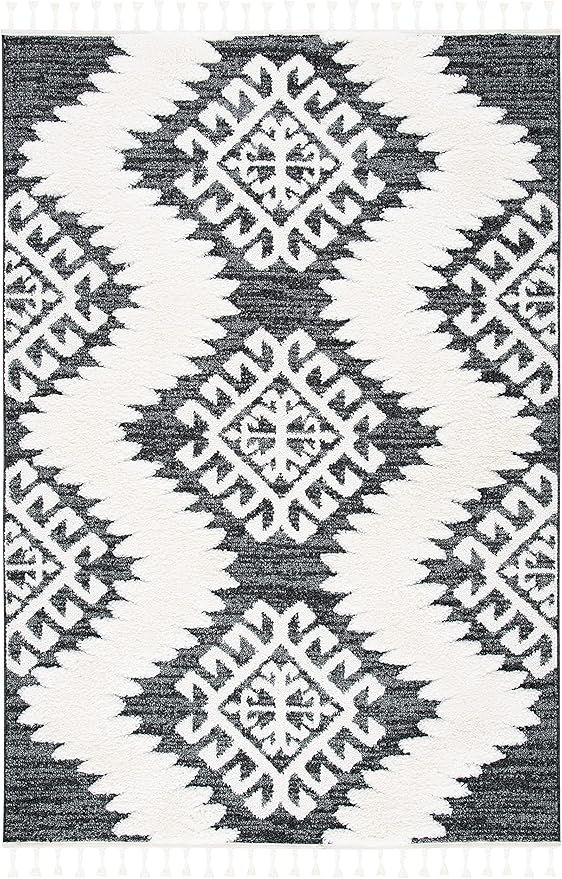 SAFAVIEH Moroccan Tassel Shag Collection Accent Rug - 4' x 6', Dark Grey & Ivory, Non-Shedding & Easy Care, 2-inch Thick Ideal for High Traffic Areas in Entryway, Living Room, Bedroom (MTS652H)