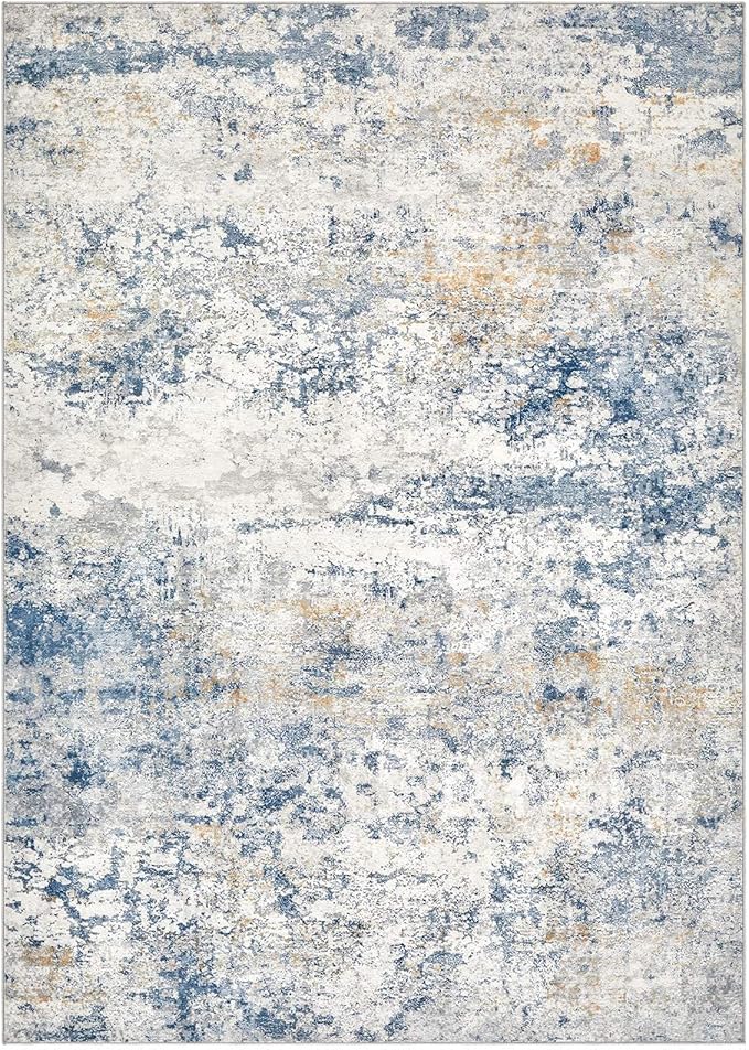 Area Rug Living Room Rugs - 10x14 Abstract Large Soft Indoor Washable Rug Neutral Modern Low Pile Carpet for Bedroom Dining Room Farmhouse Home Office - Blue