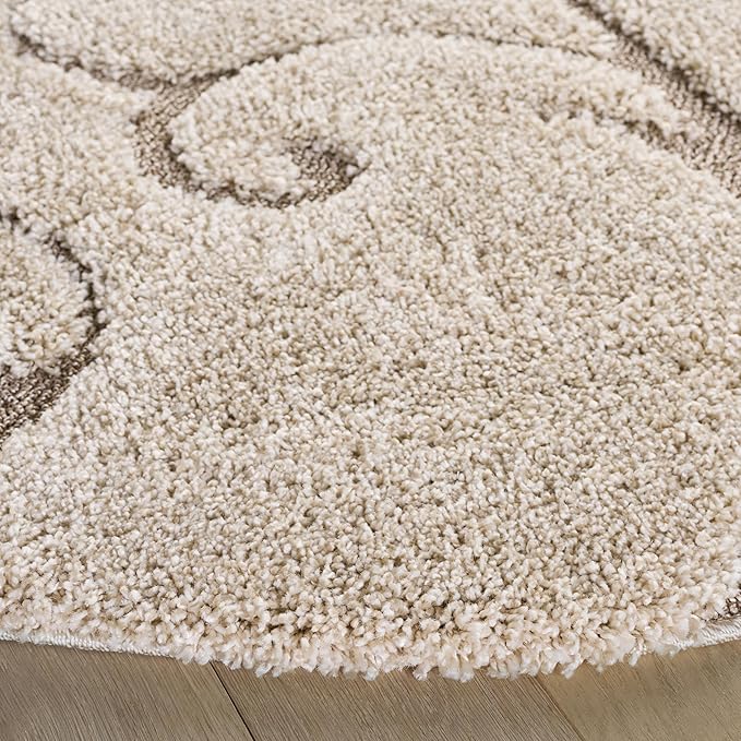 SAFAVIEH Florida Shag Collection Area Rug - 5' Round, Cream & Beige, Scroll Design, Non-Shedding & Easy to Clean, High-Low Plush Pile, Ideal for Living Room, Bedroom, Dining Space (SG455-1113)