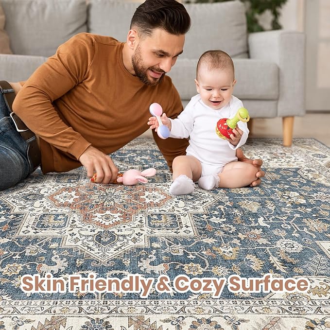 Vintage Living Room Area Rug 10x14 - Large Soft Washable Oriental Traditional Distressed Farmhouse Rugs for Bedroom - Indoor Floor Accent Carpet for Home Office House Decor - Vintage Blue