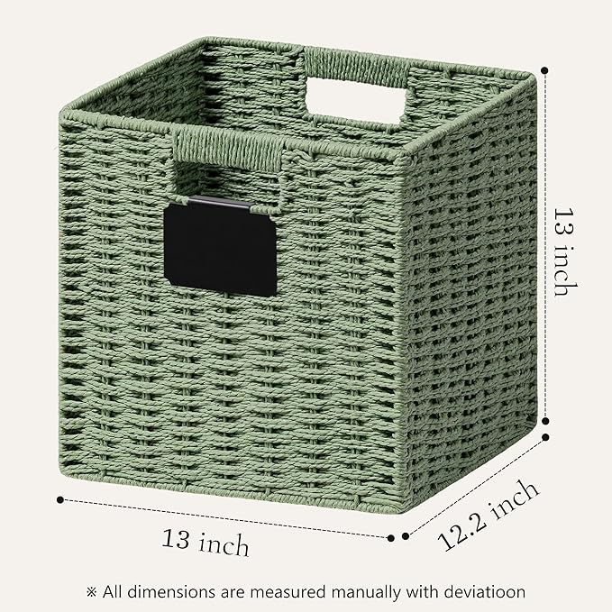 UBBCARE 4 Pack Wicker Basket, 12×12 Storage Cubes with Label, Foldable Cube Storage Bin with Handle, Square Storage Basket for Shelves, Woven Paper Rope Basket for Organizing, Dark Green