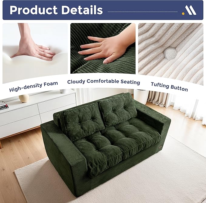 MAXYOYO Loveseat Sofa Couch, Upholstered Bean Bag Chair Cloud 2-Seat for Adults, Boneless Couch with Tufted Cushion & Pillows, Sofa in A Box, No Assembly Required, Dark Green