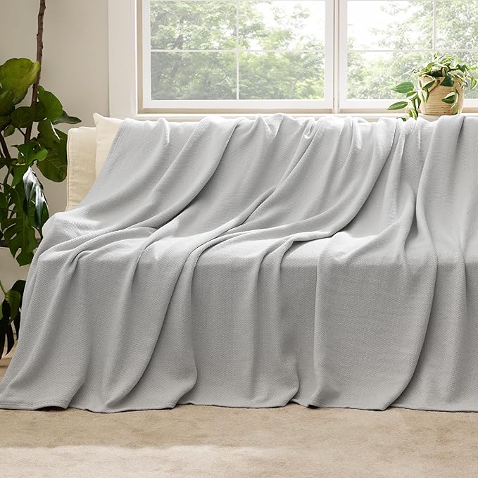 Bedsure GentleSoft 100% Cotton Large Throw Blanket for Couch 50x70 inches - Breathable and Lightweight, Soft Cozy Herringbone Woven Cotton Throw for Summer Spring, Cool Grey Office Chair Blanket