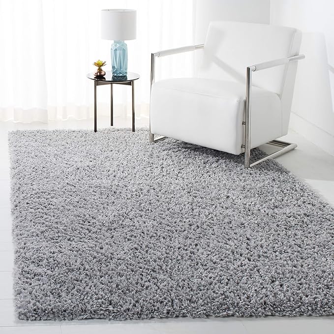 SAFAVIEH August Shag Collection Area Rug - 5' Square, Silver, Solid Design, Non-Shedding & Easy Care, 1.5-inch Thick Ideal for High Traffic Areas in Living Room, Bedroom (AUG200G)