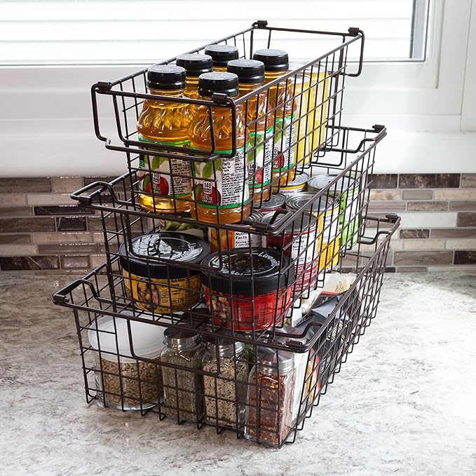 Set of 3 Storage Bins - Basket Set for Toy, Kitchen, Closet, and Bathroom Storage - Small, Medium, and Large Shelf Organizers by Home-Complete (Brown)