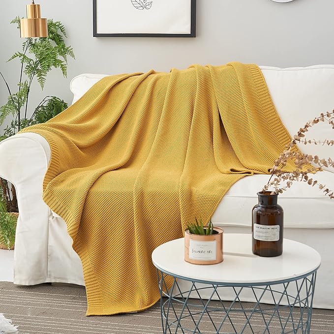 Longhui bedding Mustard Yellow Cotton Cable Knit Throw Blanket for Couch Sofa Bed, Home Decorative Lightweight Knitted Blankets with Bonus Laundering Bag, 60“ x 80”, Machine Washable