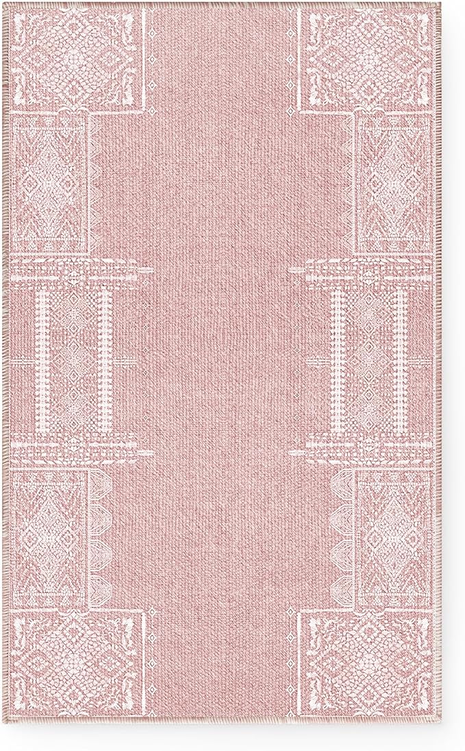 NICETOWN 8x10 Large Washable Pink Area Rug - Boho Non-Slip Folable Rug Stain Resistant Oriental Medallion Living Room Carpet for Girls Room Kitchen Laundry Bathroom Bedroom, Light Pink