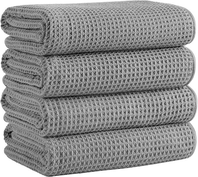 Microfiber Waffle Bath Towels, 4 Pieces, Soft, Absorbent, Fast Drying, Lint Free 430 GSM (Gray)