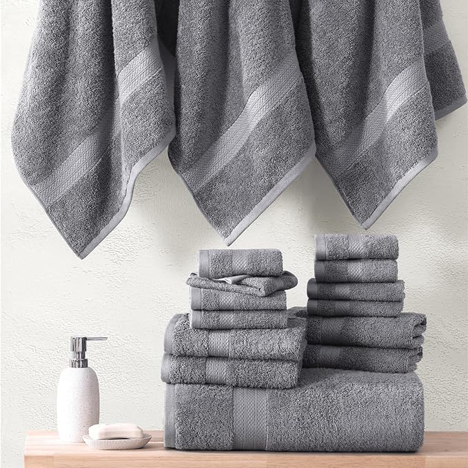 LANE LINEN 100% Cotton Towel Set for Bathroom - 18 Piece - Super Soft, Quick Dry & Highly Absorbent - 4 Bath, 8 Wash Cloth, 6 Hand Towels - Turkish Quality, Durable & Easy Care - Space Grey