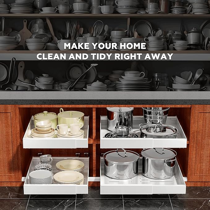 4Pack Expandable Pull Out Cabinet Organizer 21" Deep - Sliding Drawer Organizer Roll Out Shelves Adhesive - Adjustable Width 15.2"-26.2" W (White)