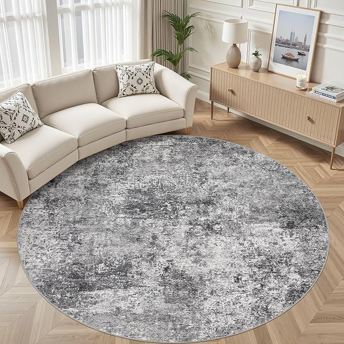 10ft Round Area Rug Living Room Rugs - 10x10 Washable Circle Rug Large Soft Indoor Neutral Modern Abstract Low Pile Carpet for Bedroom Dining Room Farmhouse Home Office - Grey