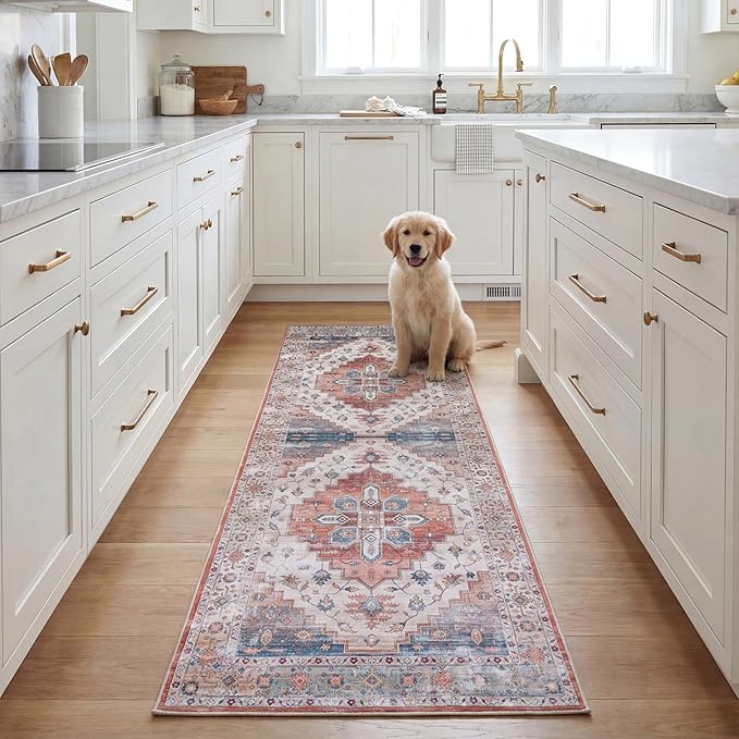 SAFAVIEH Washable Rug Tucson Collection - 2'6' x 8' Runner, Beige & Blue, Slip Resistant & Easy to Clean, Ideal for Hallway, Foyer, Entryway, Bedroom (TSN109B)