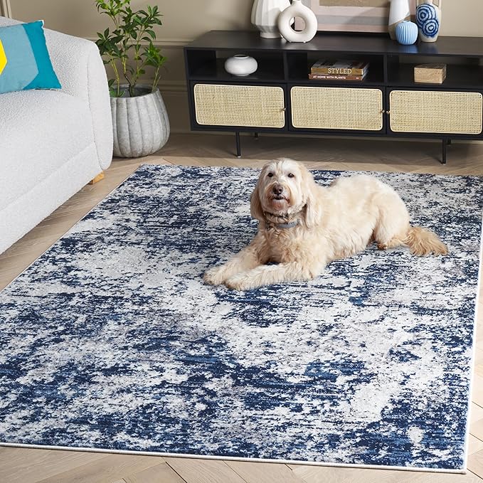 SAFAVIEH Amelia Collection Area Rug - 5'3" Square, Ivory & Navy, Modern Abstract Design, Non-Shedding & Easy Cleaning, Ideal for Living Room, Bedroom, Dining Space (ALA705A)