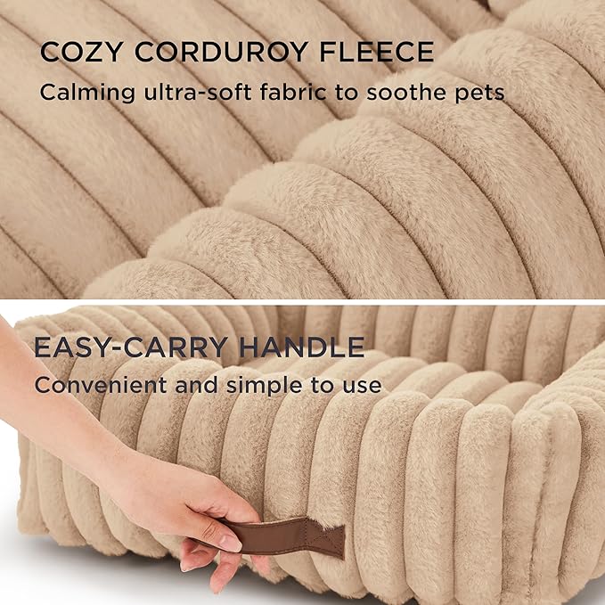 Bedsure Washable Dog Bed for Medium Dogs - Cute Furry Puppy Beds, Rectangle Orthopedic Corduroy Fleece Pet Beds with Removable Zipper Cover, 43x30x8inches, Sandy Beige