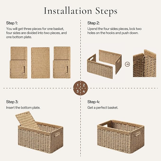 joybest Shelf Storage Wicker Baskets, 4-Pack Woven Paper Rope Baskets for Organizing, Foldable Rectangular Bin with Handles for Pantry, 13.4L x 8.3W x 7.1H Inch, Natural