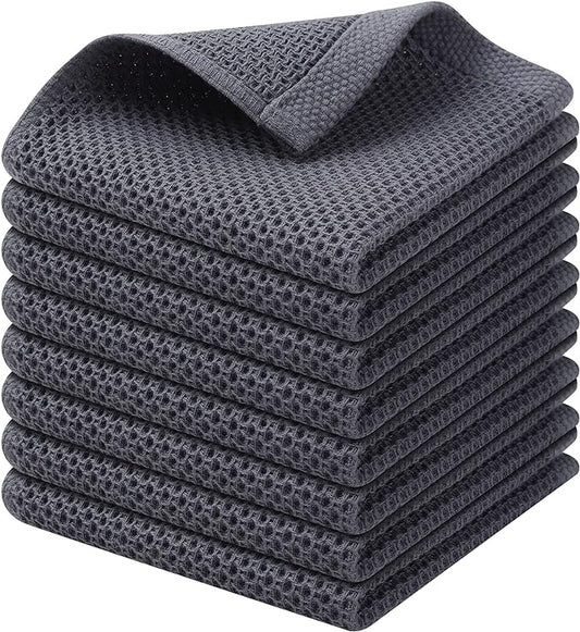 Kitinjoy 100% Cotton Kitchen Dish Cloths (12 X 12 Inches, Dark Grey), 8 Pack Waffle Weave Ultra Soft Absorbent Dish Towels for Drying Dishes Quick Drying Kitchen Towels Dish Rags