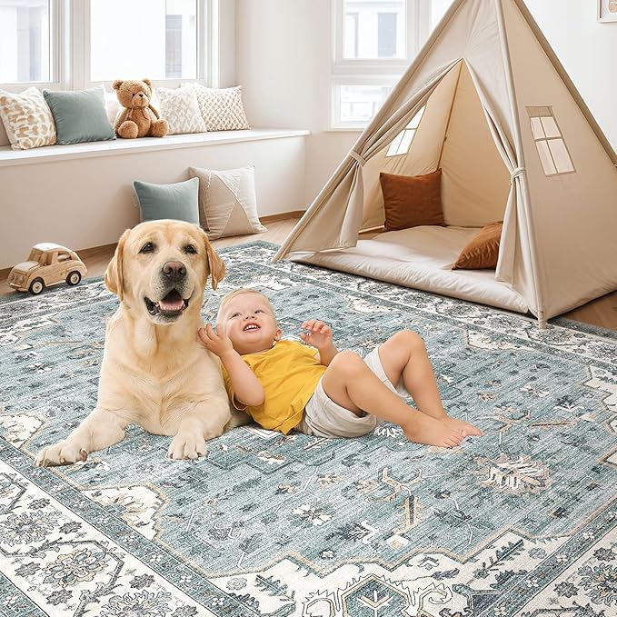 Vintage Living Room Area Rug 10x14 - Large Soft Washable Oriental Traditional Distressed Farmhouse Rugs for Bedroom - Indoor Floor Accent Carpet for Home Office House Decor - Denim Blue