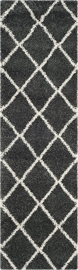 SAFAVIEH Hudson Shag Collection Runner Rug - 2'3" x 14', Dark Grey & Ivory, Modern Trellis Design, Non-Shedding & Easy Care, 2-inch Thick Ideal for High Traffic Areas in Living Room, Bedroom (SGH281G)