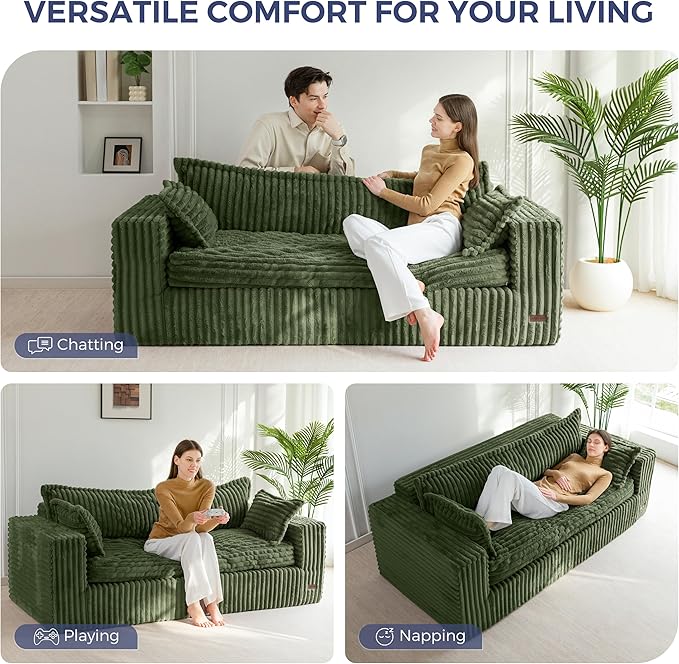 MAXYOYO 76" Bean Bag Sofa Couch, Loveseat Boneless Couch in a Box, Upholstered Small Mini Sofa for Living Room Bedroom Office Apartment, No Assembly, Green