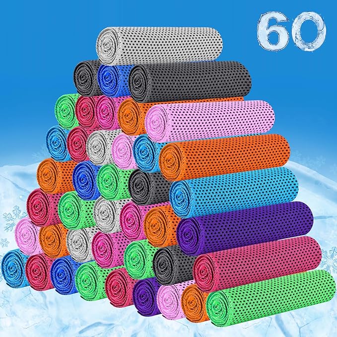 60 Pack Cooling Towels,40"x12" Ice Breathable Soft Chilly Sweat Rag Microfiber Workout Rags for Gym Cooling Towels for Neck and Face for Yoga Golf Sport Running (10 Colors)