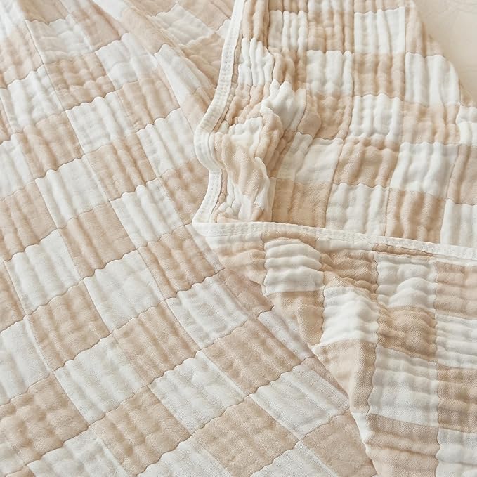 Ultra Soft Cozy 6-Layer Muslin 100% Cotton Checkered King Size 90"x104" Bed Blanket Breathable Lightweight Checkboard Bed Blankets Decorative for Sofa Bed All Seasons Both Sides Cream