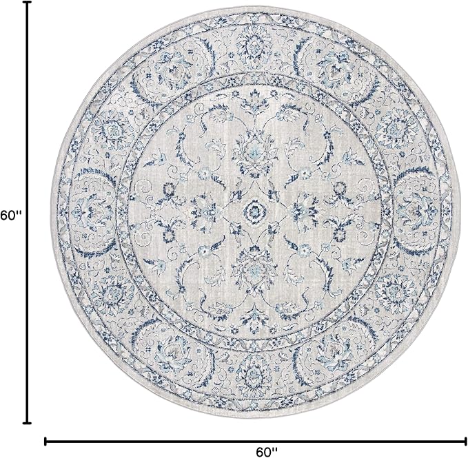 SAFAVIEH Brentwood Collection Area Rug - 5' Round, Light Grey & Blue, Oriental Floral Scroll Design, Non-Shedding & Easy Care, Ideal for High Traffic Areas in Living Room, Bedroom (BNT854G)