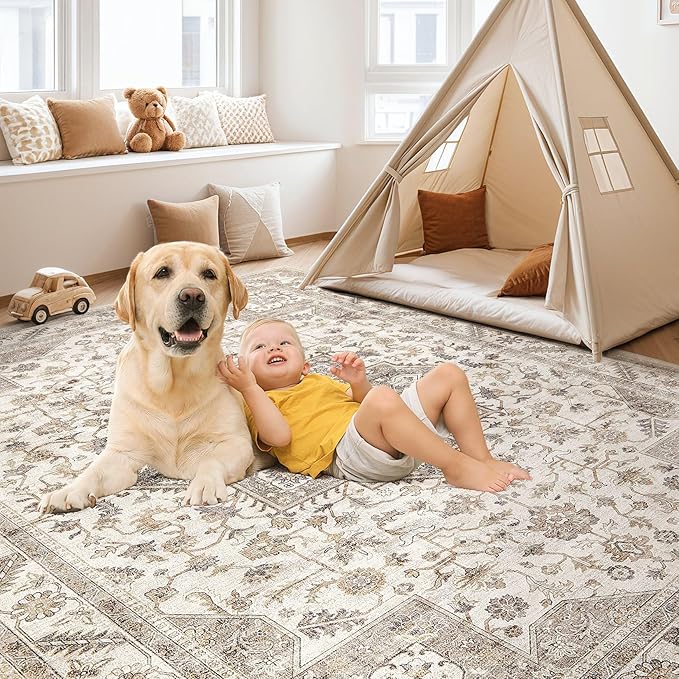 Vintage Living Room Area Rug 10x14 - Large Soft Washable Oriental Traditional Distressed Farmhouse Rugs for Bedroom - Indoor Floor Accent Carpet for Home Office House Decor - Light Brown